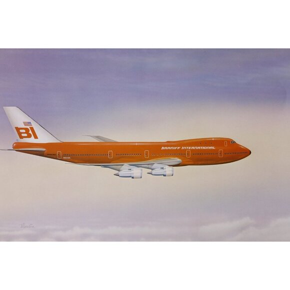 Bright Red Braniff International plane travel poster 16x20" on pastel sky, - Picture 3 of 5